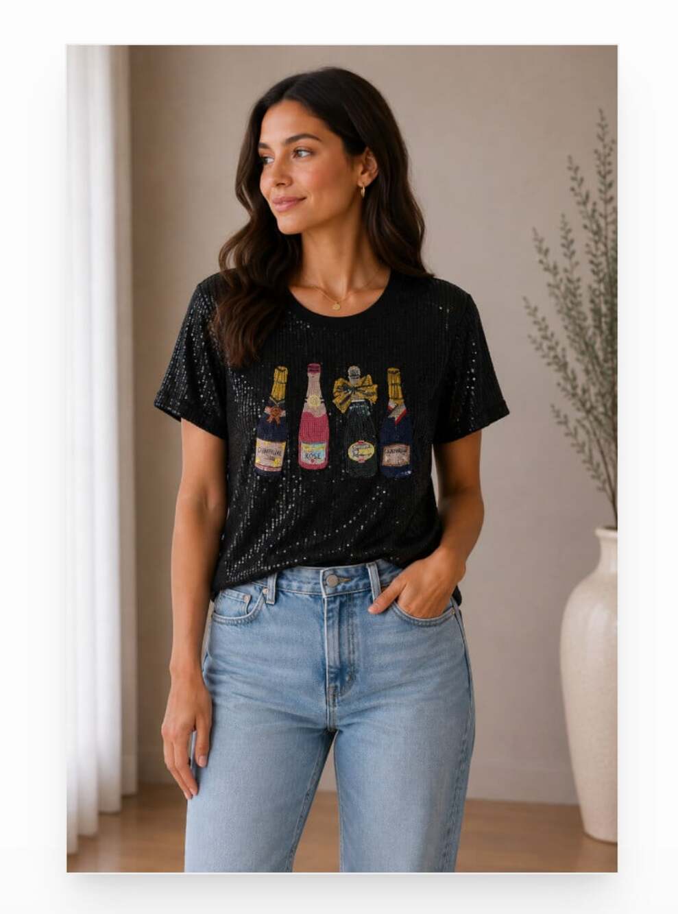 WHY DRESS Shirt Womens Medium Black Sequin Champagne Bottle Graphic Party Top
